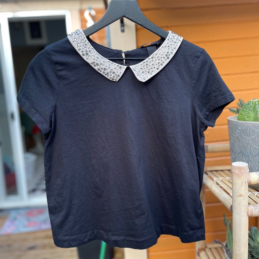 H&M cotton t-shirt with rhinestone Peter Pan collar